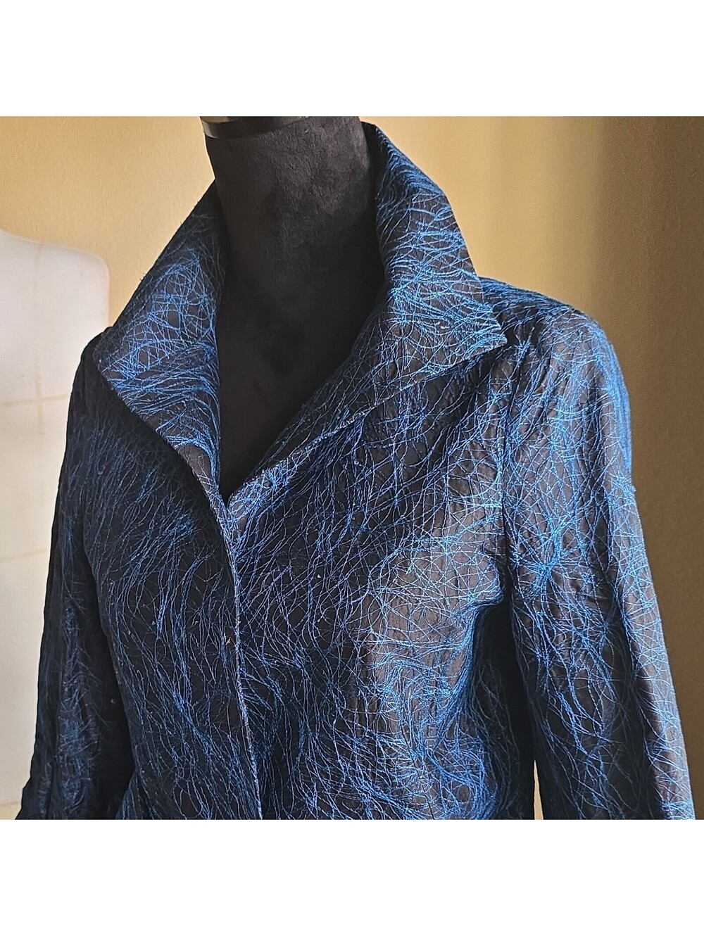 Anni Kuan SILK Blue Black abstract web print Lined Mid-Length Coat jacket Sz 6